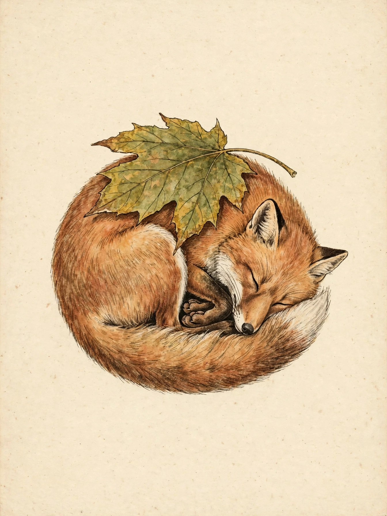 A vixen curled asleep beneath a large autumn leaf, drawn as a naturalist's plate